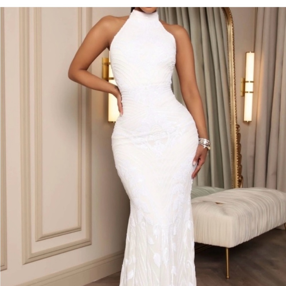 Fashion Nova White Beaded Sequin Gown